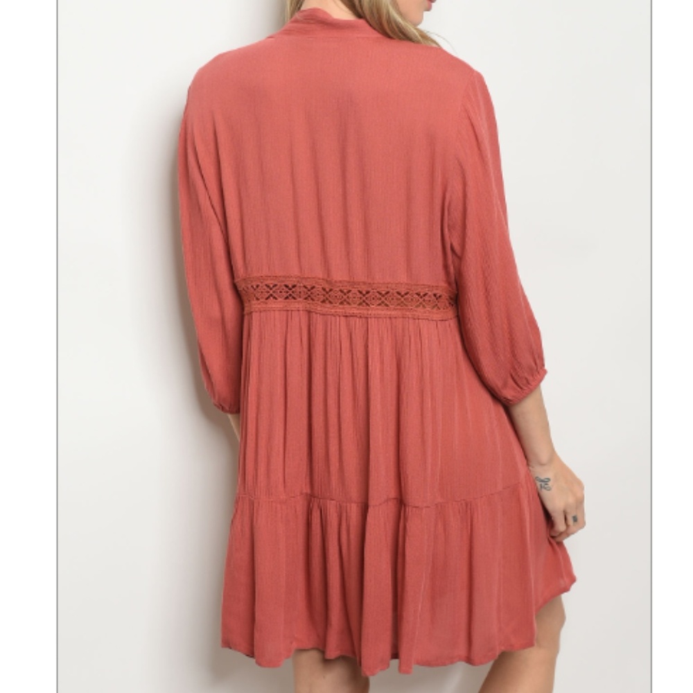 1 LEFT SZ M Dusty Rose Bow Neck Boho Peasant Dress - Picture 2 of 5